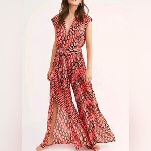 Free People Sahara Jumpsuit In Orange/Pink Abstract Print Wide Leg Boho Gypsy  S